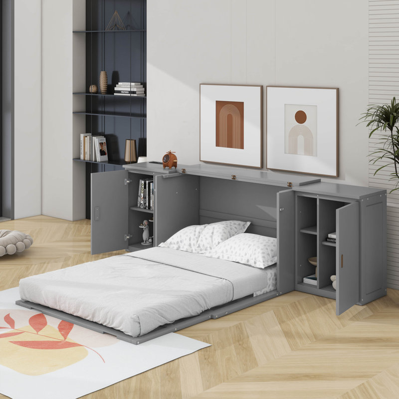 Lit escamotable avec tablettes, armoires et prises de courant Jeltina, Gris, Plein