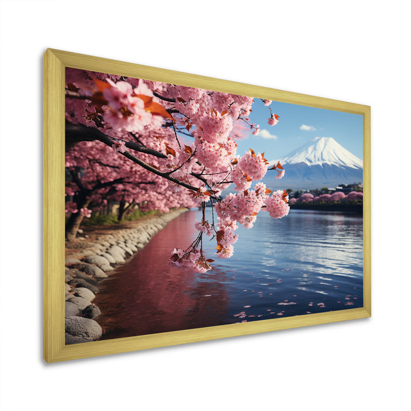 Impression sur toile Cherry Blossum, Mont Fuji, Japon I - Montagnes, Cadre d'angle fermé doré, H 32 po x l 16 po x P 1 po