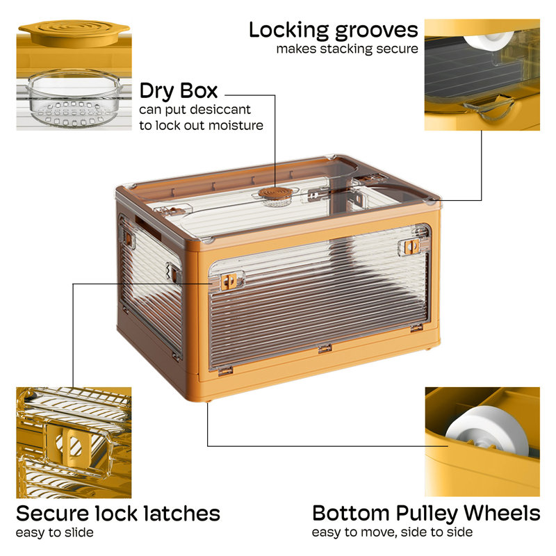 Extra Large Collapsible Storage Box Bin, 5 Side Clear Open Access Stackable w/ Lid, Yellow