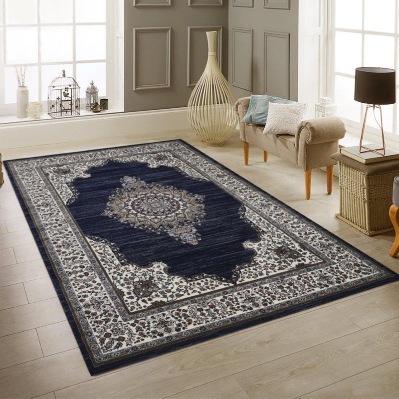 Sutphin Collection Medallion Transitional Area Rug, Dark Blue, Runner 2' x 8'