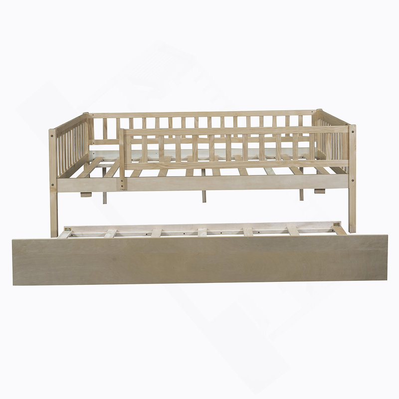 Wood Daybed With Trundle And Fence Guardrails, Natural, Full/Double
