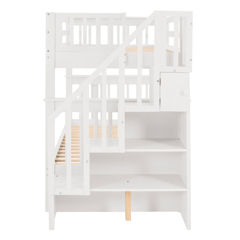 Lit superposé blanc Twintwin avec lit gigogne et compartiments de rangement à structure ferme, Blanc