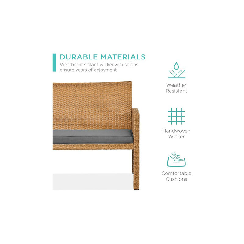 Ensemble de conversation d'extérieur en osier pour patio - table basse avec coussins de siège, naturel / gris