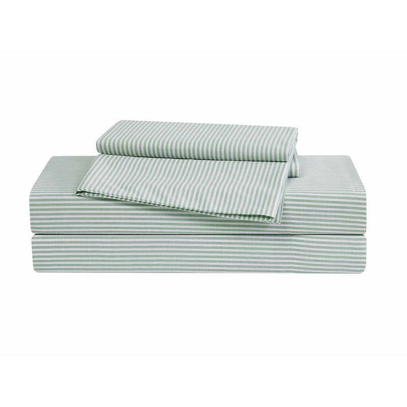 Brooklyn Loom Pinstripe Sheet Set, Twin, White/Sage Green