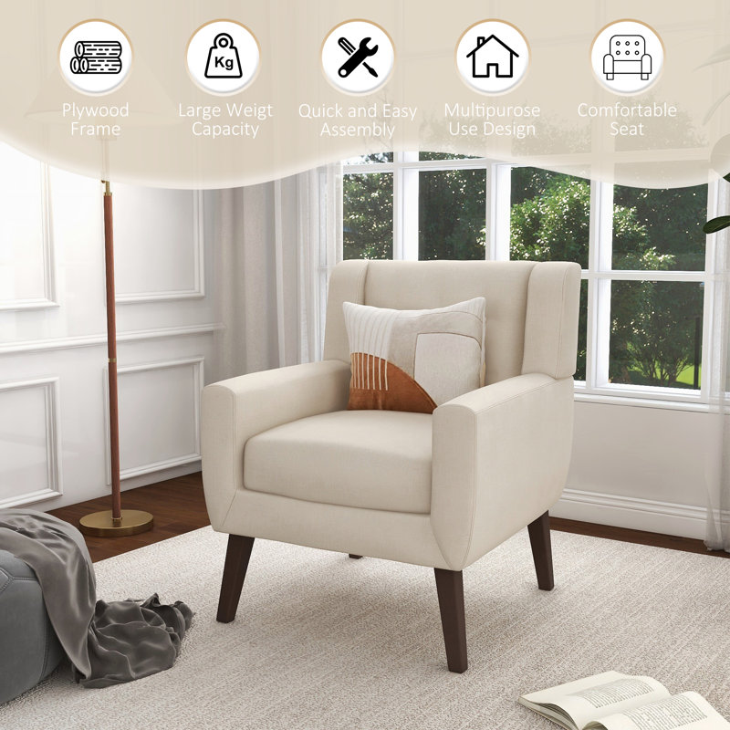 Jaqueze Upholstered White Linen Blend Tufted Wide Back Armchair with Solid Wood Leg, White Performance Linen Blend
