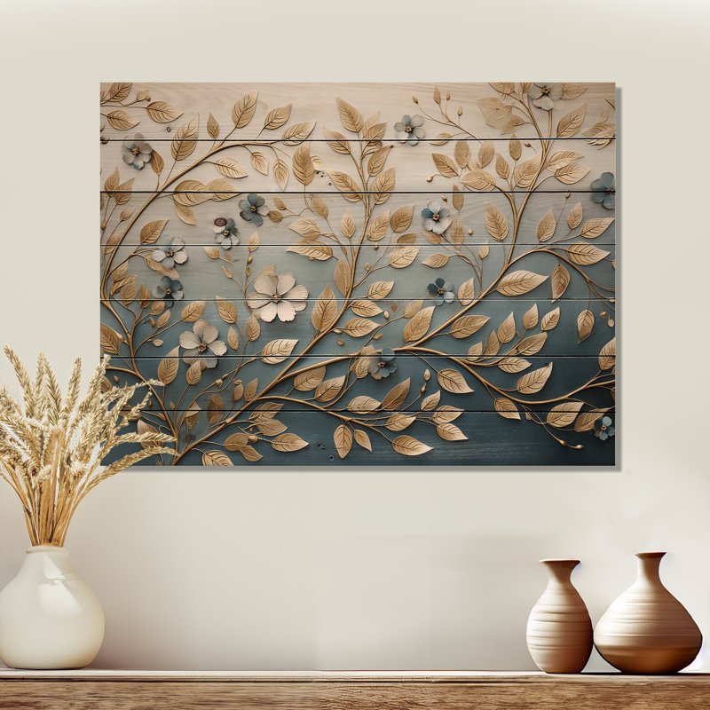 Minimalism Blue And Gold Botanical Melody - Wreath Wood Panel Wall Art On Natural Pine Wood, 24" H x 32" W