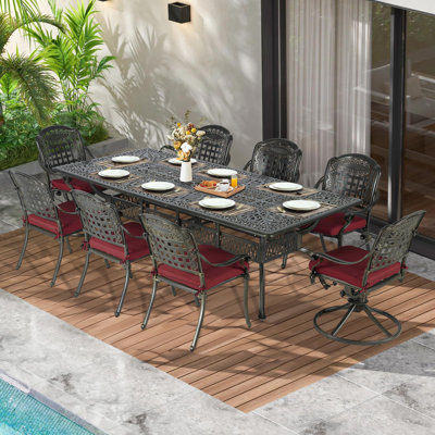 Meetwarm 9-Piece Outdoor Patio Dining Set For 8, All Weather Cast Aluminum Patio Funiture Table And Chairs Set- 94.5" Rectangular Table And 2 Swivel Rocker Chairs, 6 Stationary For Garden