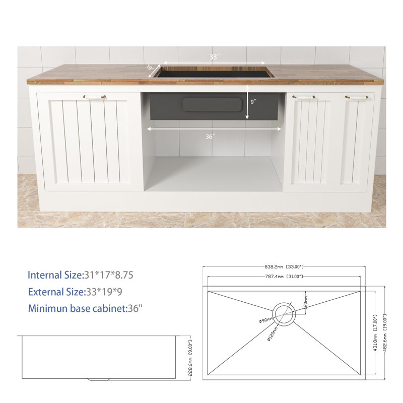 Évier de cuisine à simple cuve en acier inoxydable calibre 16 Topcraft 33 po x 19 po x 9 po avec accessoires Topcraft