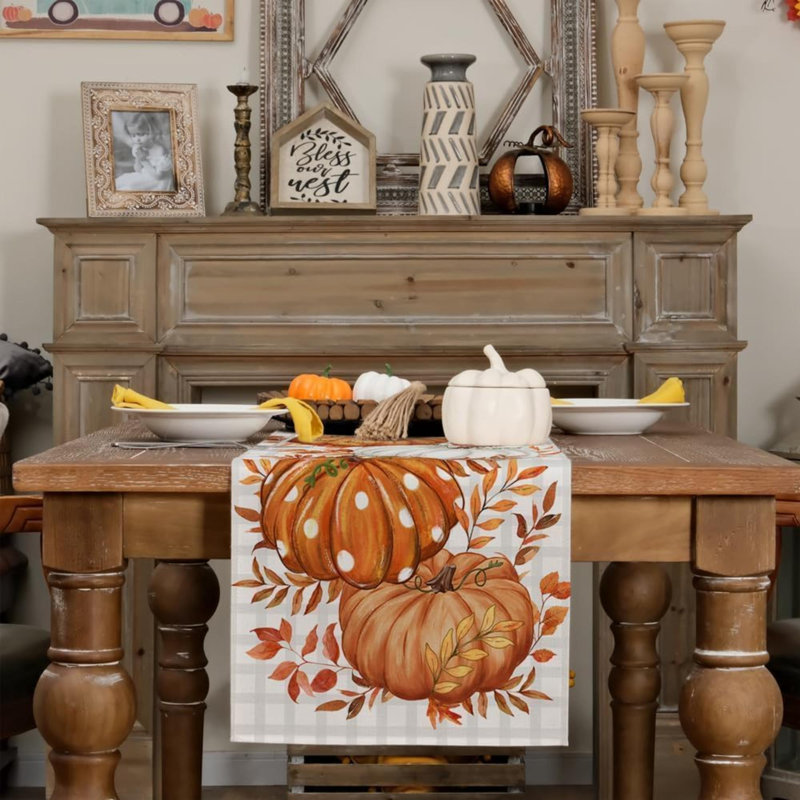Fall Table Runner, Pumpkins Leaves Farmhouse Table Decoration For Kitchen Dinning, Indoor Outdoor Dinner Party (Orange Pumpkins) GT124-60