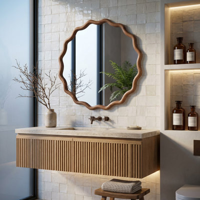 Miroir décoratif rond en bois massif ondulé de 24 pouces pour montage mural dans le salon, la chambre à coucher ou la salle de bain