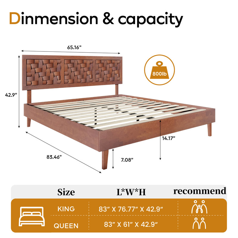 Structure de lit en bois massif avec tête de lit, cadre de lit plateforme grand format sans sommier, Noyer foncé, Grand lit