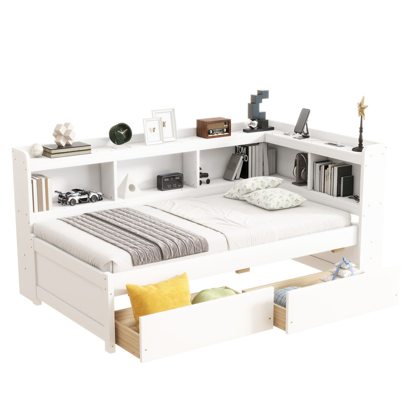 Lit simple avec bibliothèques en forme de L, ports de chargement et deux tiroirs en pin blanc pour la chambre à coucher, prises de courant encastrées Space Solution, rangement facile à assembler, design