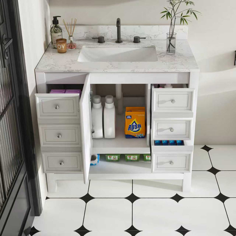Ensemble de meuble-lavabo moderne de 37 po avec plateau en marbre de Carrare blanc, armoire de salle de bain multifonctionnelle avec portes et tiroir, cadre solide et panneau de fibres à densité moyenne (trois trous de robinet)