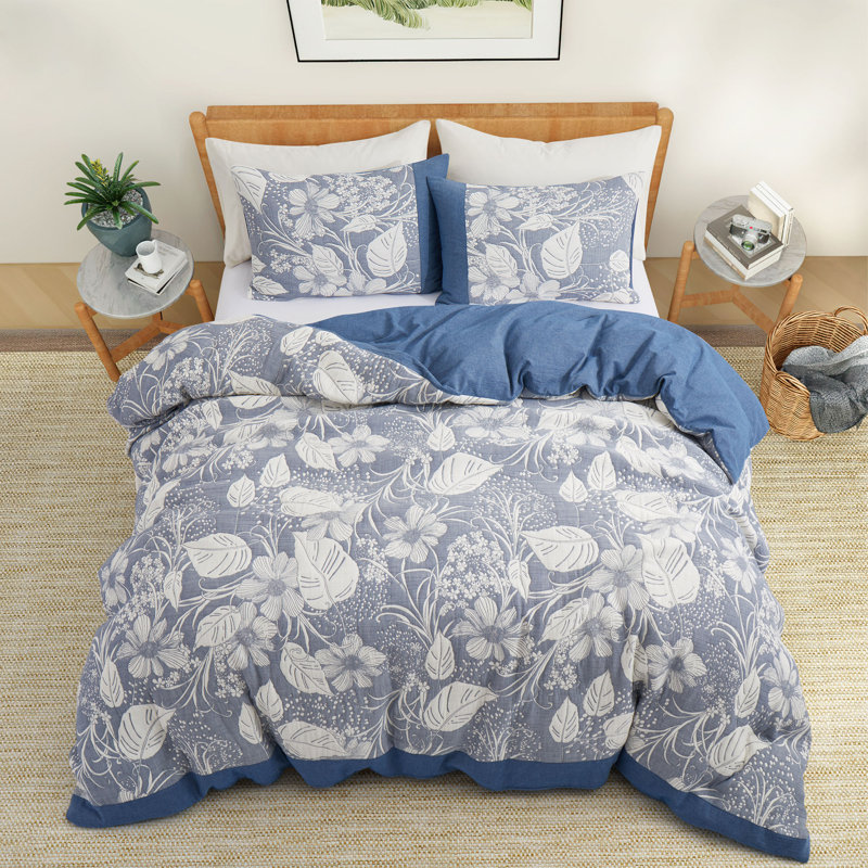 Double Gauze Cotton Jacquard Duvet Cover Set, Twin Duvet Cover + 1 Pillowcase, Navy
