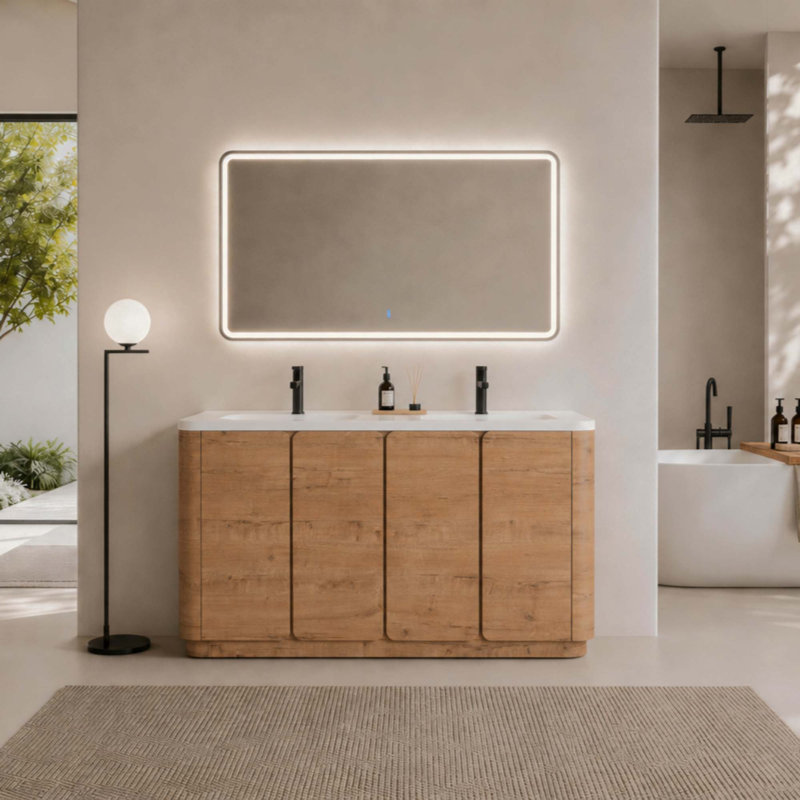Meuble-lavabo autoportant avec lavabo en résine blanche, 4 portes à fermeture douce, contreplaqué
