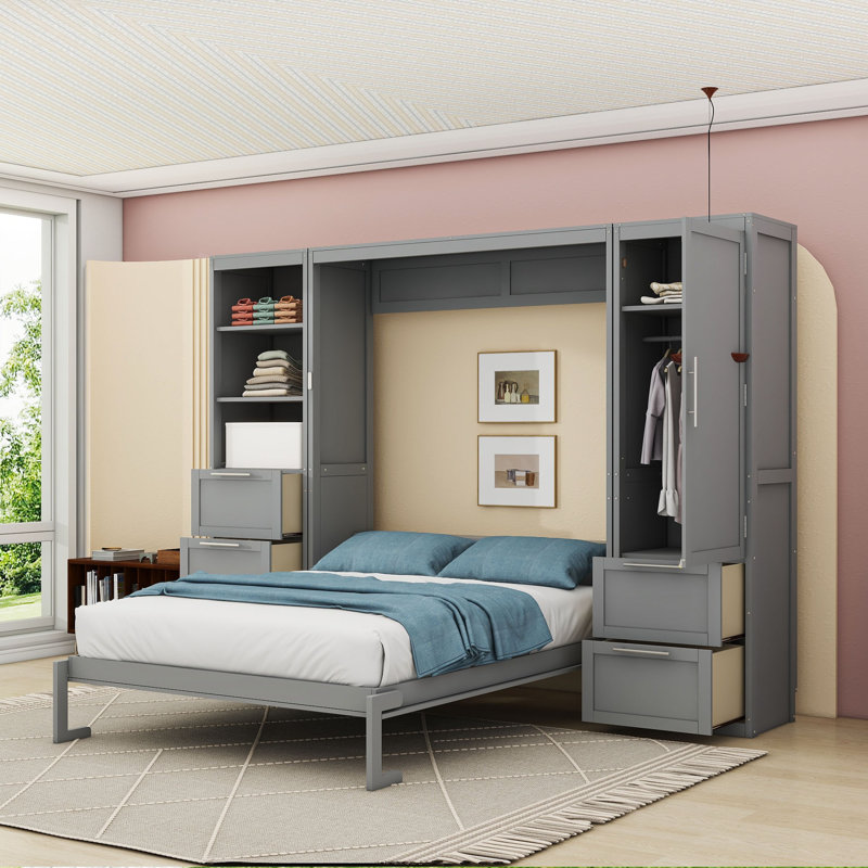 Grand lit escamotable en bois 5 tiroirs avec placard et tablettes, Gris