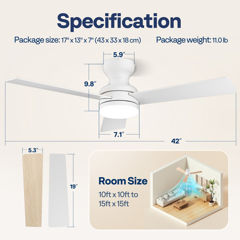 Ventilateur de plafond à profil bas de 42 pouces avec lumière DEL et télécommande, Bois beige / blanc, Blanc