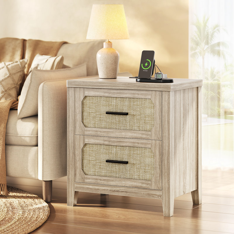 21.3'' W 2-Drawer Nightstand With Charging Station Boho End Table