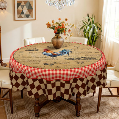 Machine-washable polyester tablecloth with rooster country design