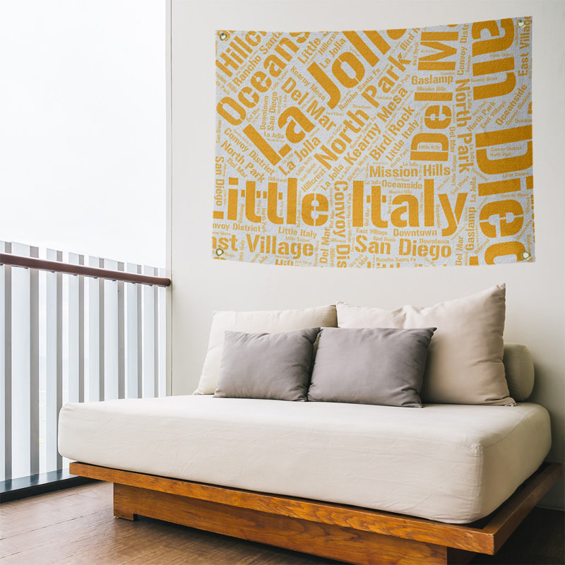 Tapisserie de polyester districts, art word, H 59 po x l 80 po, Orange, San Diego