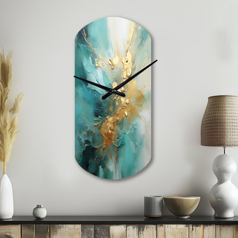 Or et bleu sarcelle Aurora Harmony II - horloge murale cylindrique spirales abstraites, horloge murale asymétrique dorée