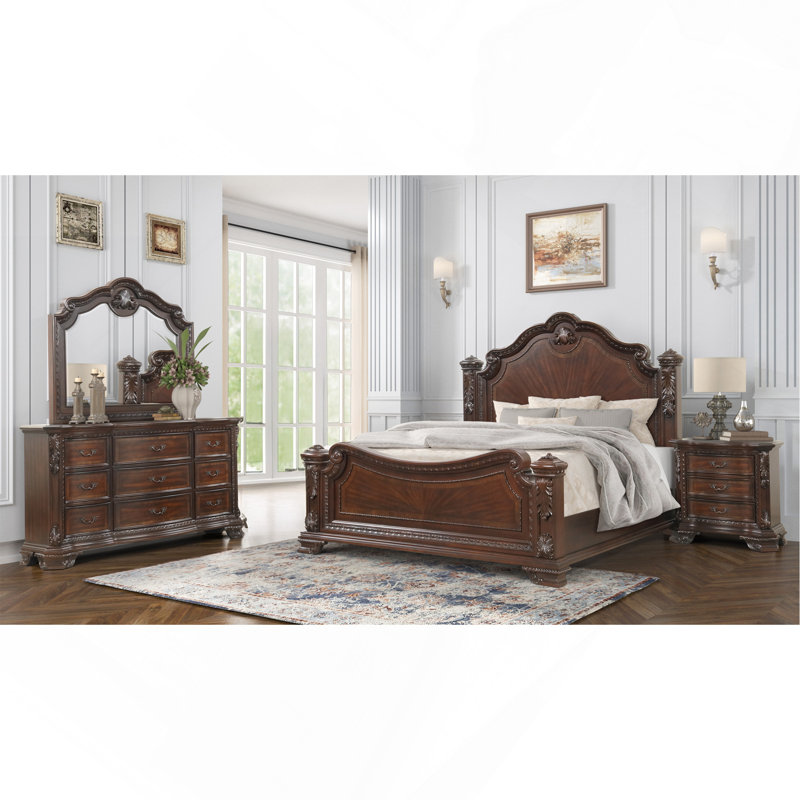 Table de chevet 3 tiroirs de style traditionnel avec poignées en métal en noyer