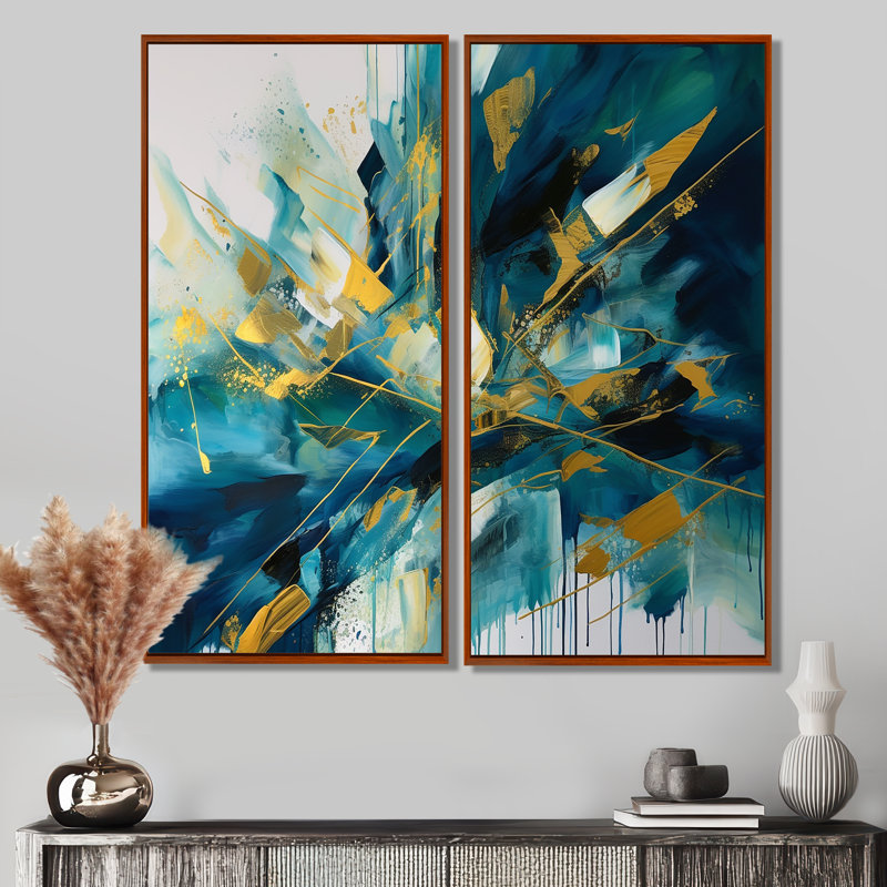 Golden Explosion Triangles V - Art mural doré 2 pièces, 32'' H x 32'' W, Impression encadrée flottante, Brown
