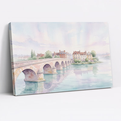 Tableau sur toile aquarelle Pont de pierre enjambant une ville fluviale