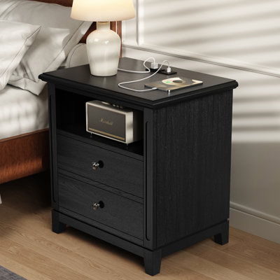 2 Drawers Solid Wood Nightstand With Storage and Open Shelf, Built-In 2 Power Outlets, 1 Usb Port, And 1 Type C Port by Lark Manor