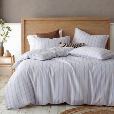 Striped Duvet Cover Set King Size,100% Cotton Duvet Cover Set,Grey-White Base with Blue Pinstripes Bedding Set,300TC Cotton Sateen 3 Pcs Luxury Silky Soft Bedding for All Seasons