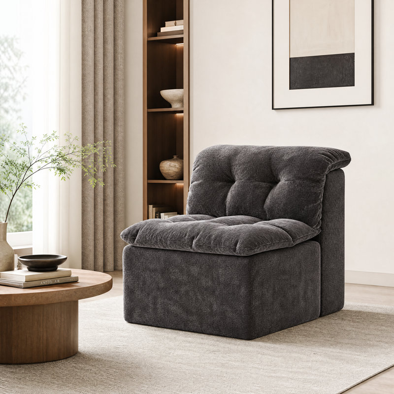 Pouf moderne en chenille beige de 81 cm, Grey Chenille