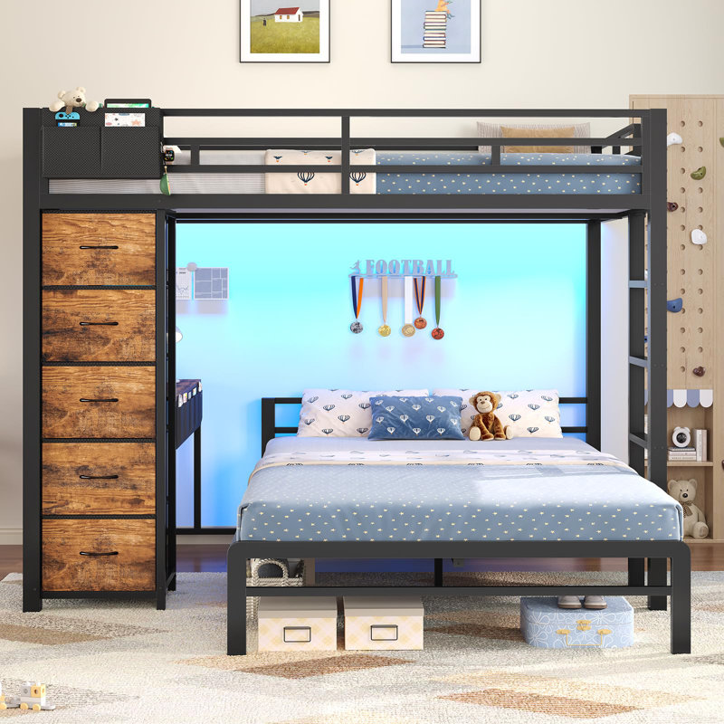 Bunk Bed With Desk, Full Over Full Bunk Beds With 5 Storage Drawers And Charging Station, Rustic Brown, Brown