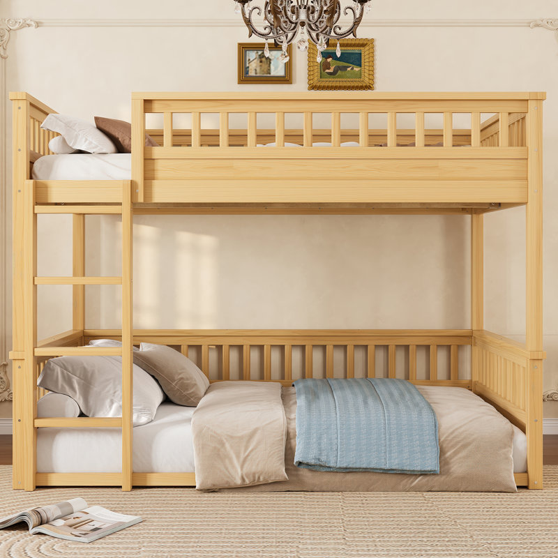 Lit superposé grand sur grand avec échelle et barrières de sécurité, lit en bois naturel pour enfants, Grand sur grand