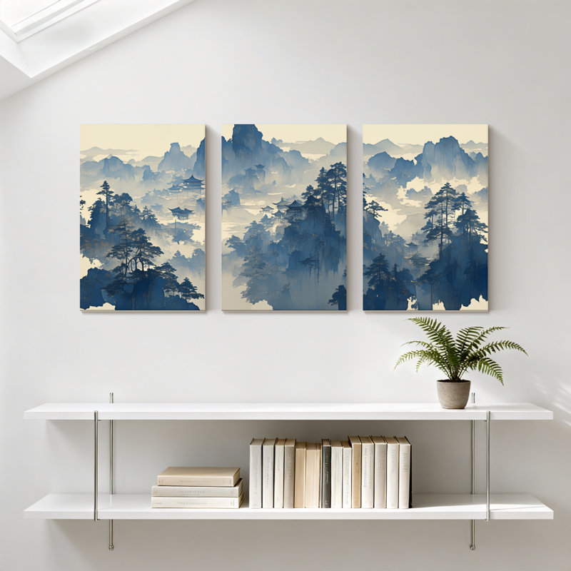 Paysage et nature, brume de montagne, temple, arbres, nuages, reflet, ciel, ensemble de 3 impressions sur toile