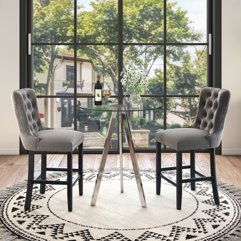 Tempered Glass Round Bar Table Set, Bar Height Set, Tempered Glass Round Dining Table And Height Bar Stools, Gray, Silver