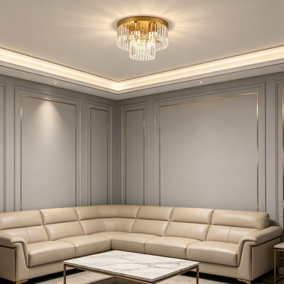 Plafonnier encastré en cristal doré 9 lumières - Lustre en cristal de luxe K9 à 2 niveaux