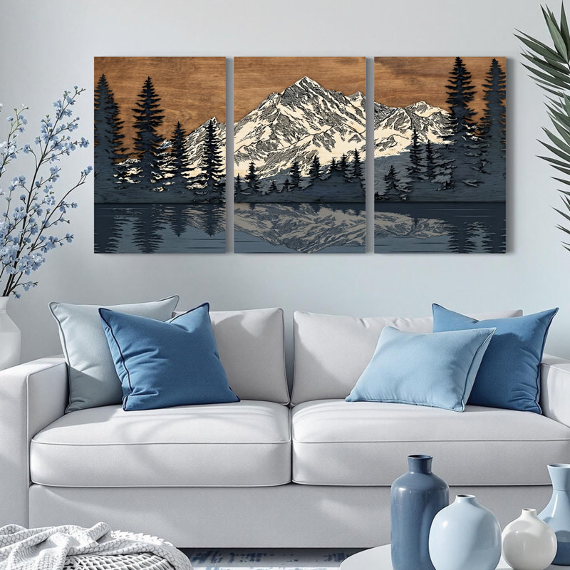 Ensemble de 3 tableaux sur toile représentant un paysage de montagne avec des pins et son reflet, H 24 po x l 48 po