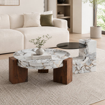 Ensemble de 2 tables basses gigognes comprenant une table ronde en MDF effet marbre et une table d'appoint en verre, tables d'appoint modernes et peu encombrantes