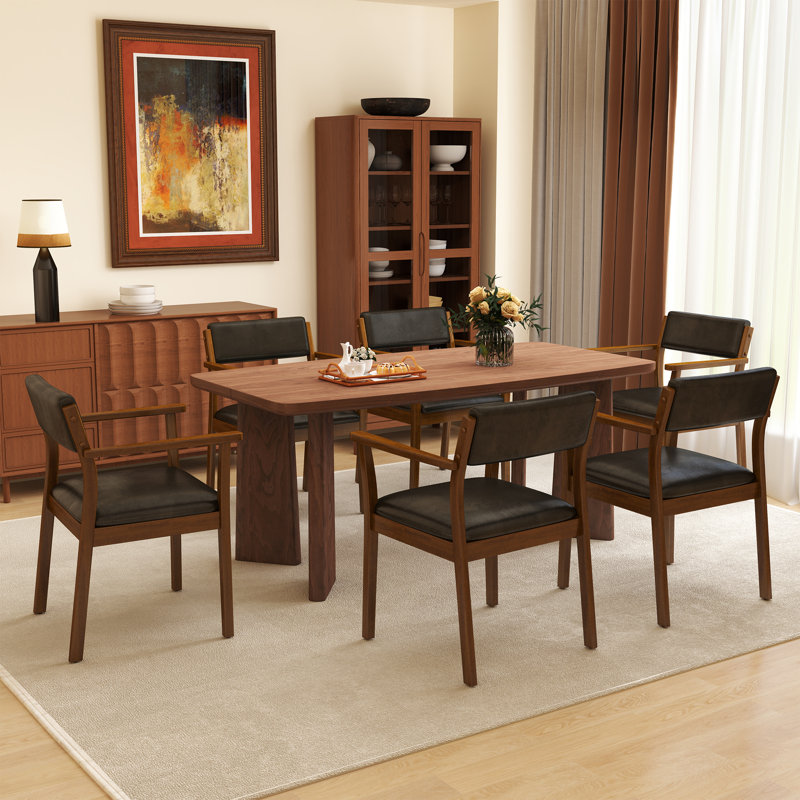 Mid Century Dining Table Set, Brown, 7 Pieces: Table, 6 Chairs