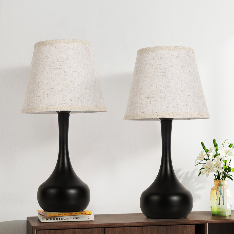17" Tall Elegant Black Teardrop Table Lamp With Beige Fabric Shade, 2 Led Bulbs Included, Black