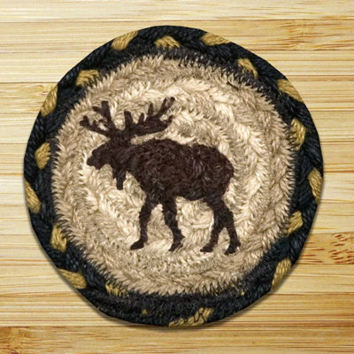  Moose Printed Coaster 5" H Rustic Braided Jute Square with Lodge Wildlife Design for Cabin or Country Decor