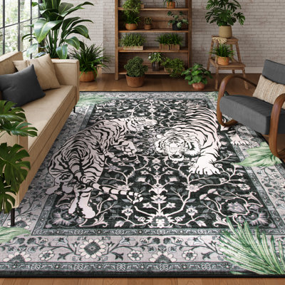 Goldene Oriental Tiger Vintage Washable Area Rug - Soft Cashmere Carpet for Living Room, Bedroom, or Office