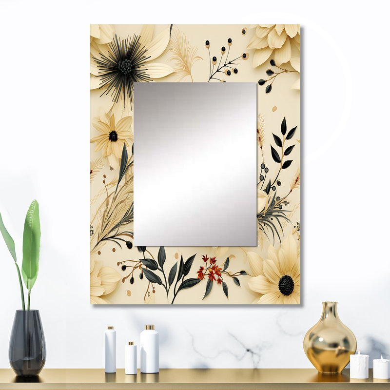 Décoration murale noire et beige à motif de fleurs de chrysanthèmes - miroir floral, 32 po x 24 po