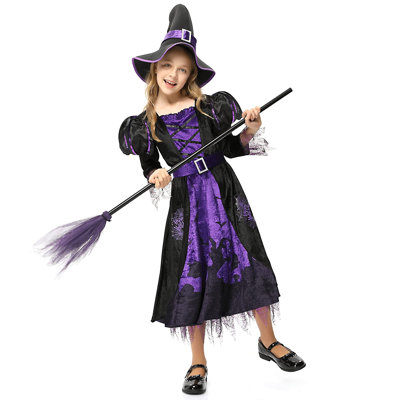 Girls Purple Witch Costume Set with Hat & Belt, Cobweb Print Ruffle Dress for Halloween, Cosplay & Stage Play