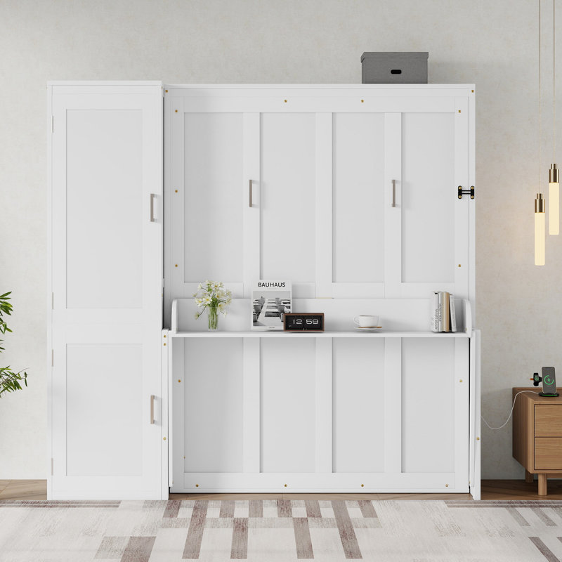 Grand lit escamotable avec garde-robe et bureau, lit escamotable mural peu encombrant avec vérins à gaz et station de charge, blanc