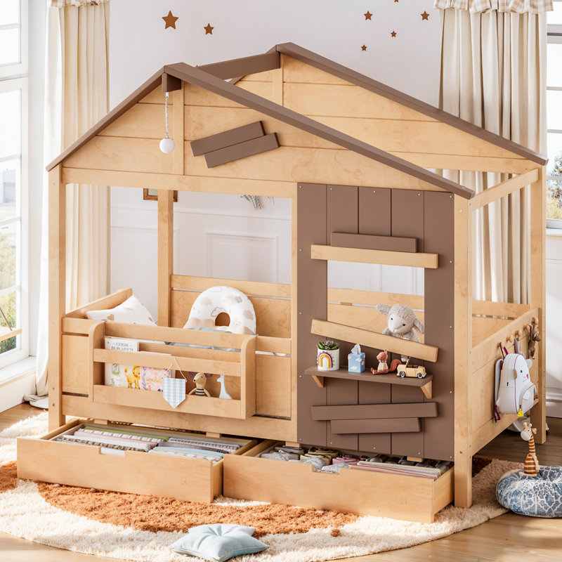 Lit de maison épissé Cottagecraft avec tablette pour fenêtre, crochets latéraux et tiroirs sous le lit, Twin, Light Natural