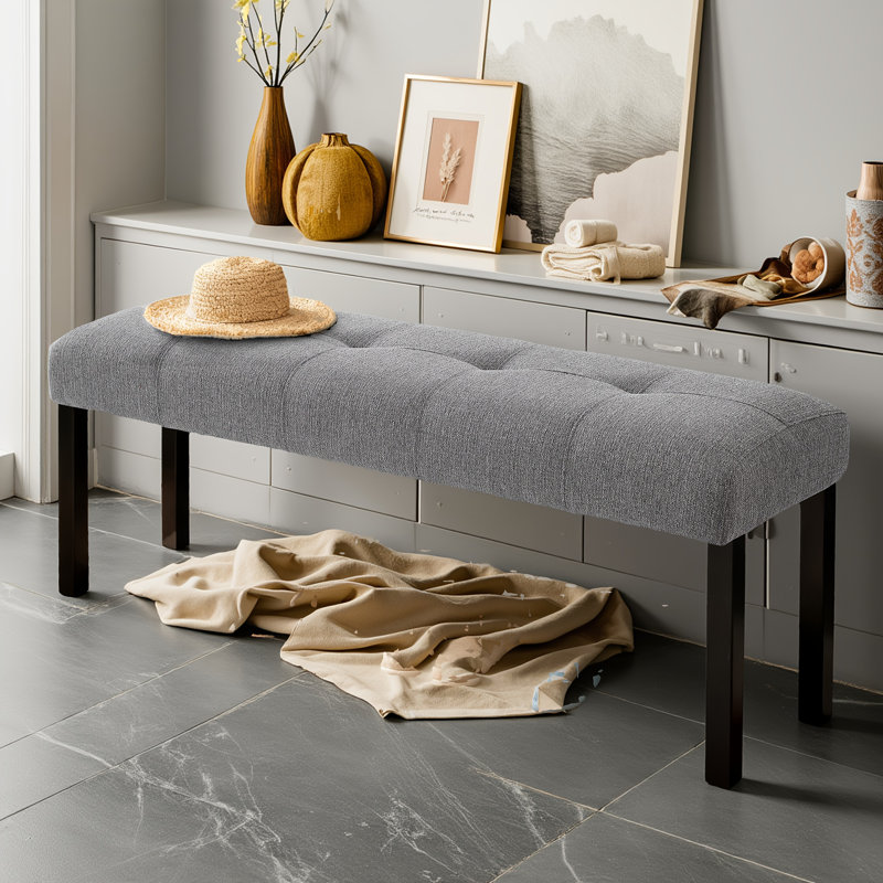 Tufted Linen Dining Bench - Farmhouse Upholstered Design With Rubber Wood Legs