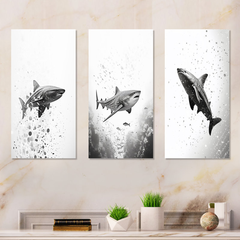 Monochrome Grey Shark Dance, 28'' H x 36'' W, Wrapped Canvas