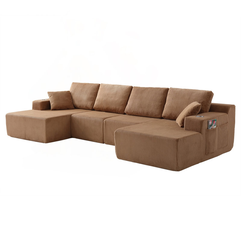 Canapé modulaire en forme de U 130 po en velours côtelé avec support à ressorts pour matelas, Brown Corduroy, Brown
