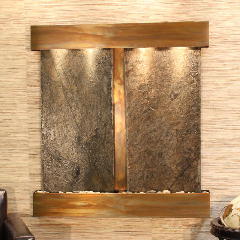 Aspen Falls Wall Fountain with Light, Blackened Copper, Green Slate